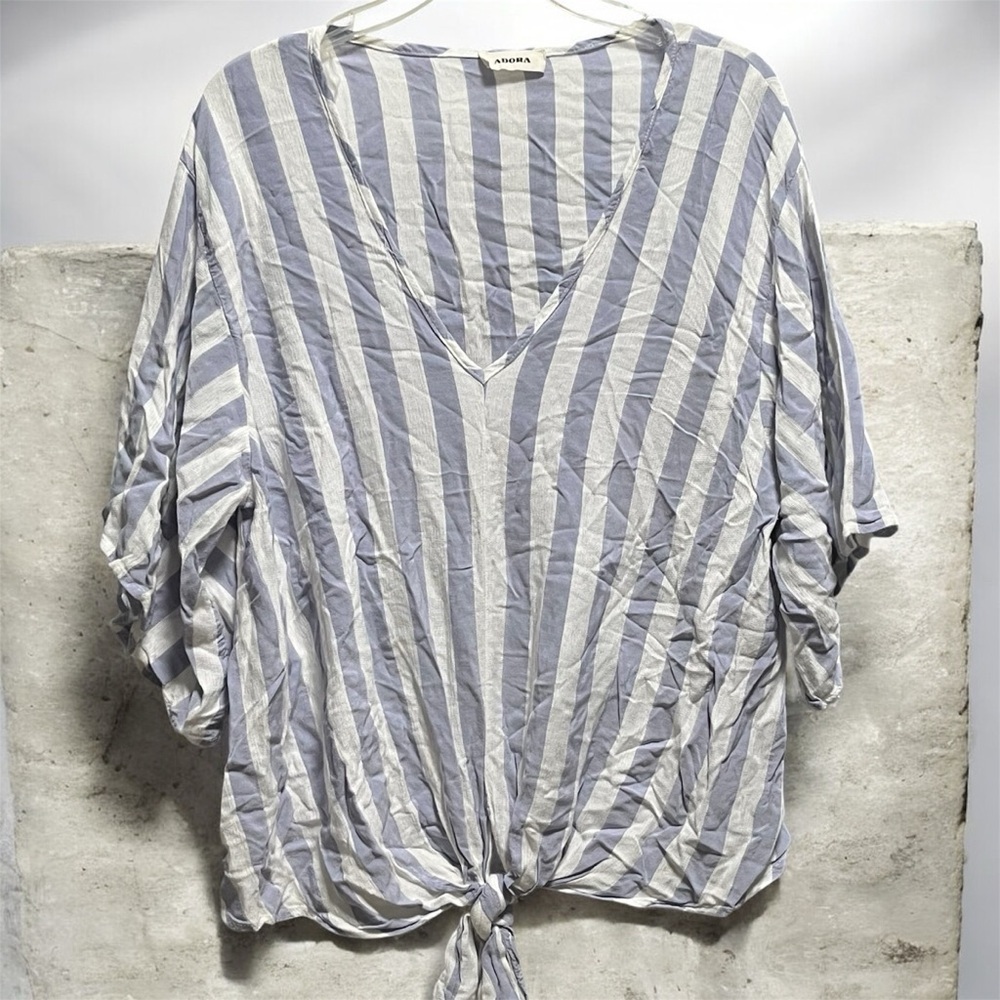 ADORA Blue and White Striped short sleeve tie front Top